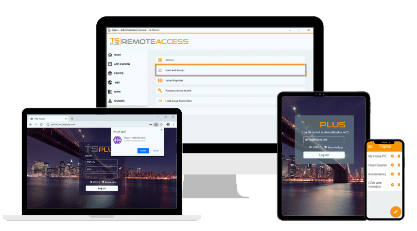 Console d'administration et portail de connexion TSplus Remote Access, accessibles depuis ordinateur, tablette et mobile